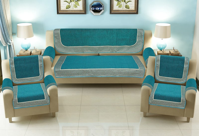 Jayvaam Sofa Cover with Cushion Cover and Table Cover - 3 Seater and 2 Seater Sofa Covers with Arm Set 16 Pcs - 3+1+1 Panels for Home Living Room Sofa Couch Decor (Sky), Chenille - Image 2