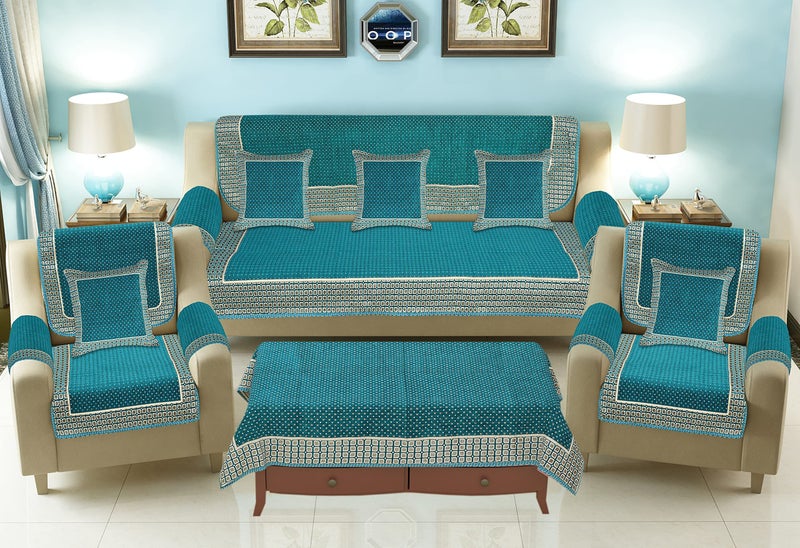 Jayvaam Sofa Cover with Cushion Cover and Table Cover - 3 Seater and 2 Seater Sofa Covers with Arm Set 16 Pcs - 3+1+1 Panels for Home Living Room Sofa Couch Decor (Sky), Chenille - Image 1