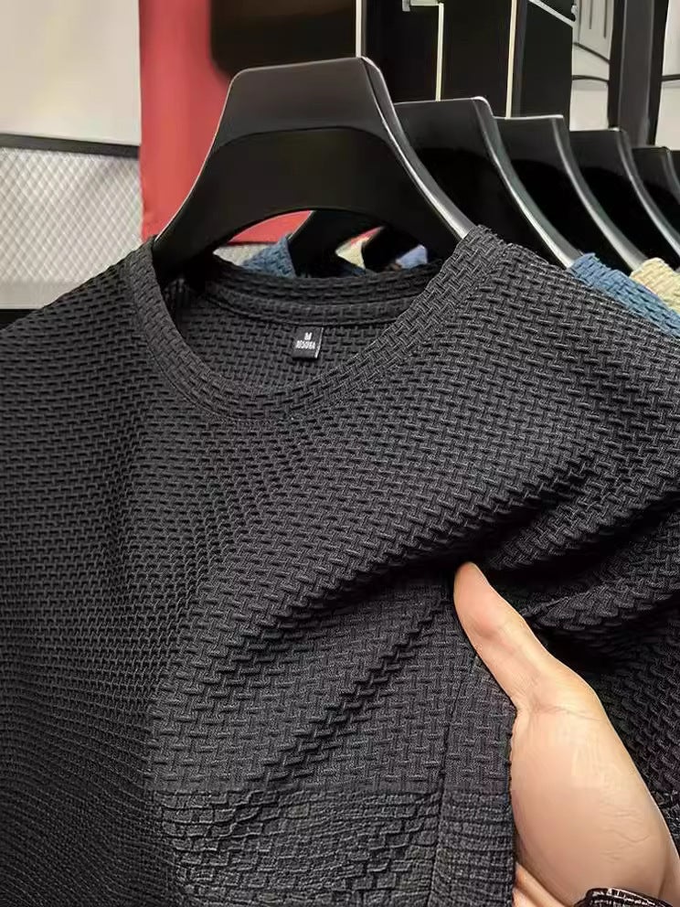 Short-Sleeved T-Shirt Men'S Summer Ice Silk Cool Nylon Elastic Quick-Drying Light Luxury Dark Pattern Jacquard T-Shirt With Round Neck - Image 2