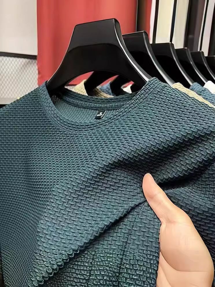 Short-Sleeved T-Shirt Men'S Summer Ice Silk Cool Nylon Elastic Quick-Drying Light Luxury Dark Pattern Jacquard T-Shirt With Round Neck - Image 5
