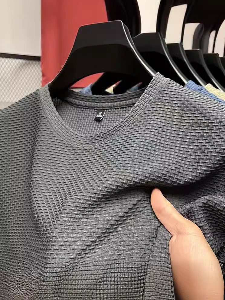 Short-Sleeved T-Shirt Men'S Summer Ice Silk Cool Nylon Elastic Quick-Drying Light Luxury Dark Pattern Jacquard T-Shirt With Round Neck - Image 3