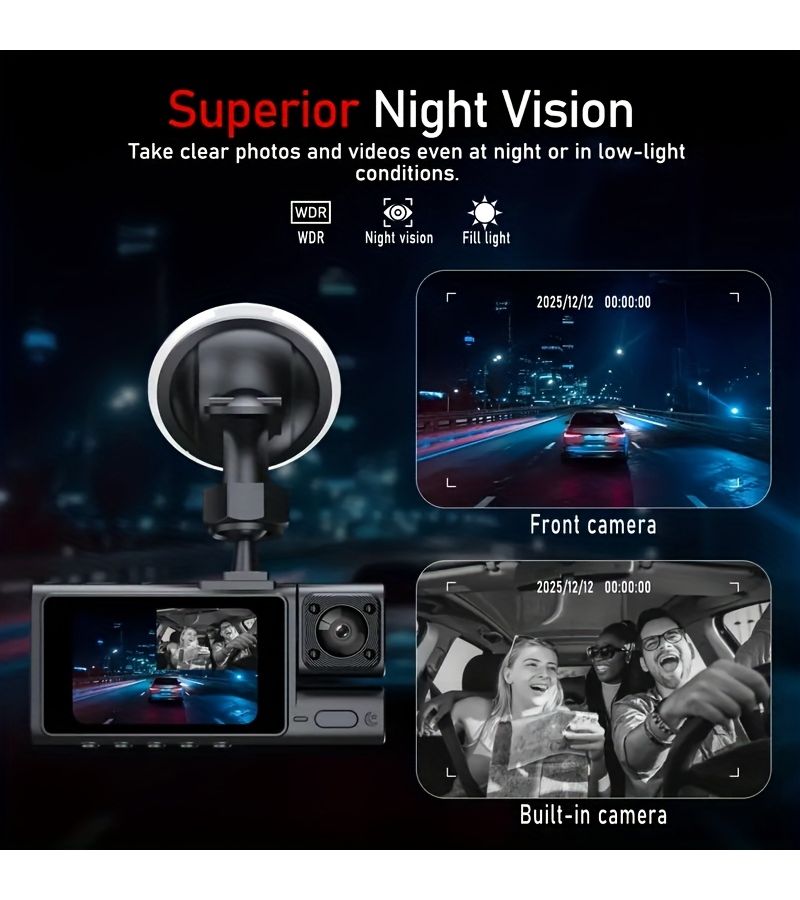 كاميرا داش كام للسيارة بعدستين للداخل 1080P أمامية خلفية داخلية مع بطاقة 64 جيجابايت تسجيل متكرر - Image 2