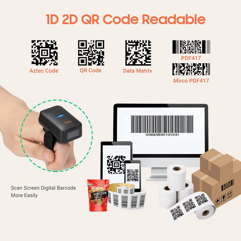 Tera Pro Extreme Performance 1D 2D QR Wireless Ring Barcode Scanner with Bluetooth, Extra Fast Scanning Speed Ultra High Resolution Mini Wearable Finger Bar Code Reader Model HW0010 - Image 5