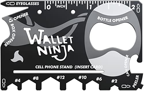 Wallet Ninja Multitool Card – 18 in 1 Credit Card Multi-Tool (Bottle Opener, Can Opener, Screwdrivers, Phone Stand & More) – Black - Image 1