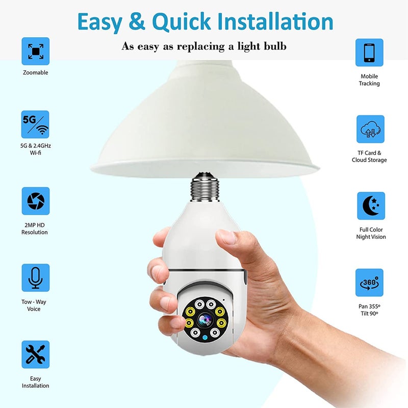 SIOVS WiFi Camera CCTV Camera 1080p Wireless PTZ Bulb V380 Pro Indoor 360 Smart Home Security Camera Light Vision 24x7 Continuous Recording with Motion Sensor LED Lights Auto Tracking  - Image 2