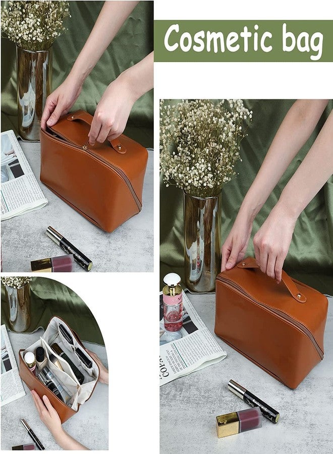 ELEXIQ Cosmetic Travel Bag, Women's Makeup Travel Bag Portable Leather Cosmetics Bag, Makeup Storage Bags with Handle and Divider, Wide Opening Cosmetic Organizer Bags (Makeup Storage Bag) - Image 5