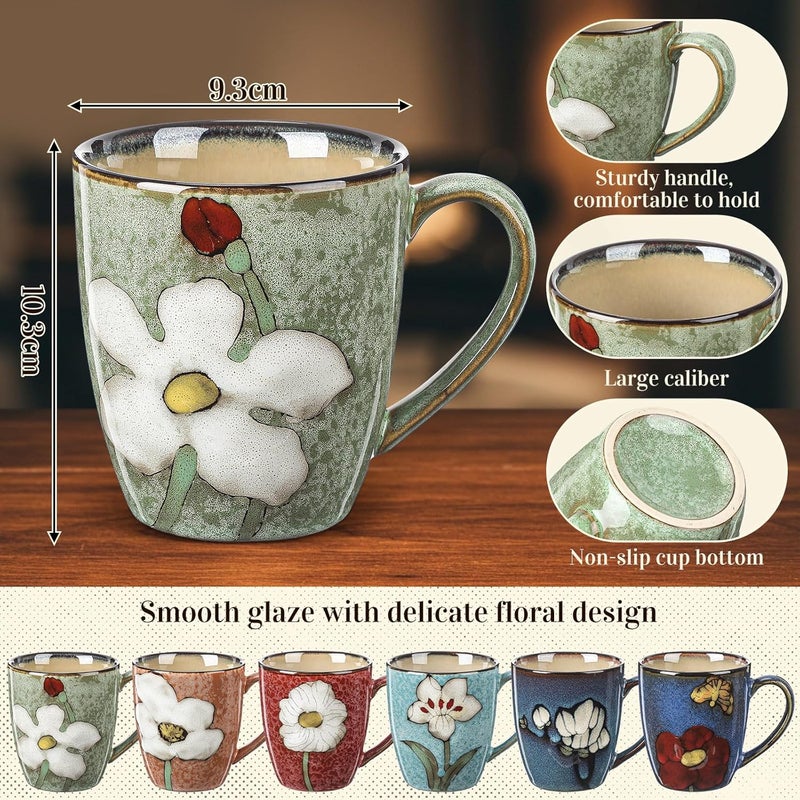 Maxdot 6 Pack 12oz Ceramic Coffee Mugs Sets Glazing Process Cappuccino Mug Floral Ceramic Tea Cups Birthday Gift Porcelain Cup for Coffee Cocoa Tea Latte Kitchen Cafe Dishwasher and Microwave Safe - Image 2