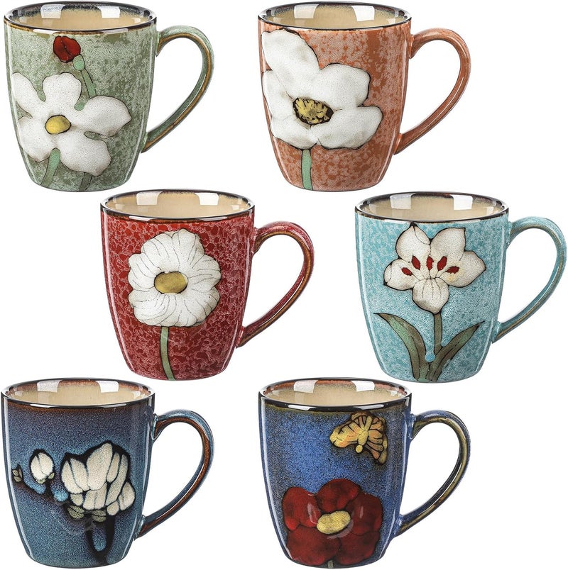 Maxdot 6 Pack 12oz Ceramic Coffee Mugs Sets Glazing Process Cappuccino Mug Floral Ceramic Tea Cups Birthday Gift Porcelain Cup for Coffee Cocoa Tea Latte Kitchen Cafe Dishwasher and Microwave Safe - Image 1