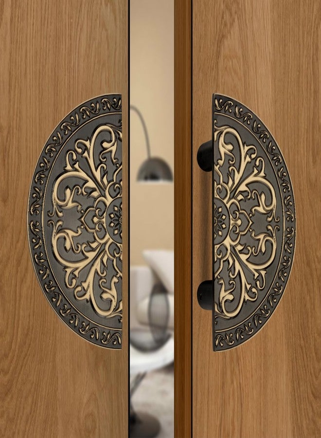 DEVDECOR Antique Half-Moon Brass Door Pull Handles for Double Doors - Vintage Floral Carving - Decorative Traditional Design for Main & Interior Doors - Image 1
