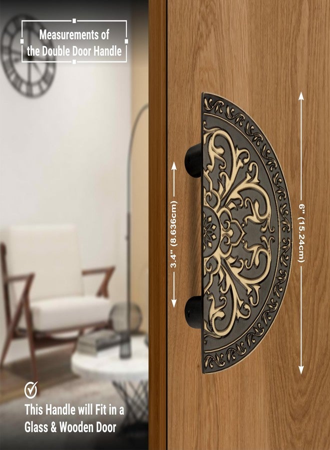 DEVDECOR Antique Half-Moon Brass Door Pull Handles for Double Doors - Vintage Floral Carving - Decorative Traditional Design for Main & Interior Doors - Image 2