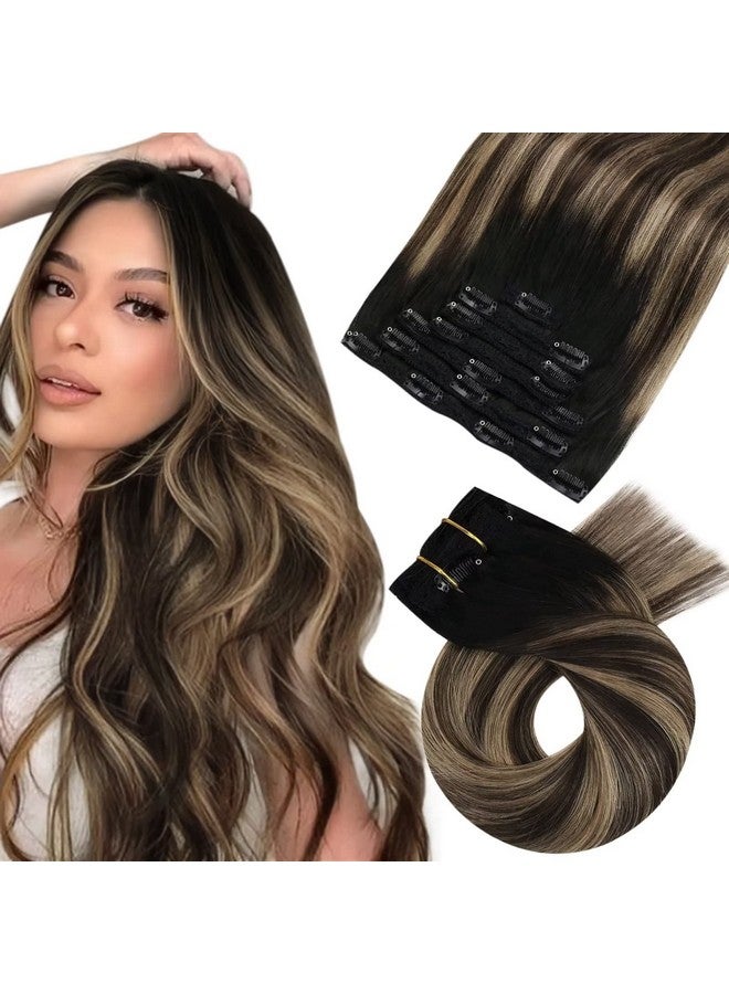 Moresoo Balayage Clip In Hair Extensions Human Hair 22 Inch Clip On Hair Extensions Ombre Black To Brown With Caramel Blonde Double Weft Clip In Extensions Human Hair Full Head 7Pieces 120Grams - Image 1