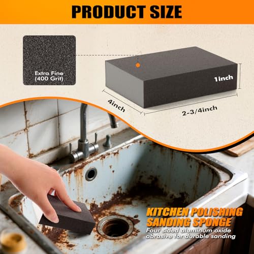 POLIWELL Extra Fine (400 Grit) Manual Sanding Sponge Sheet Kitchen Polishing Grinding Abrasive Sponge Block 4-Inch, 4-Pack - Image 2