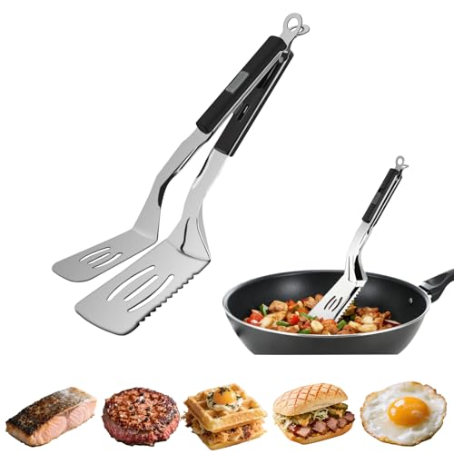 Limitliho 11.5-inch Stainless Steel Tongs for Cooking – Versatile Metal Spatula Tongs for Flipping, Picking Up, Cutting, and Stir-Frying Meats and Other Foods. Kitchen Tongs Durable and Multifunctional.(Black) - Image 1