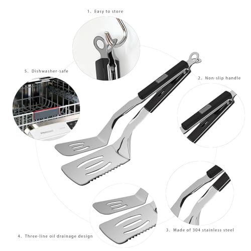 Limitliho 11.5-inch Stainless Steel Tongs for Cooking – Versatile Metal Spatula Tongs for Flipping, Picking Up, Cutting, and Stir-Frying Meats and Other Foods. Kitchen Tongs Durable and Multifunctional.(Black) - Image 4