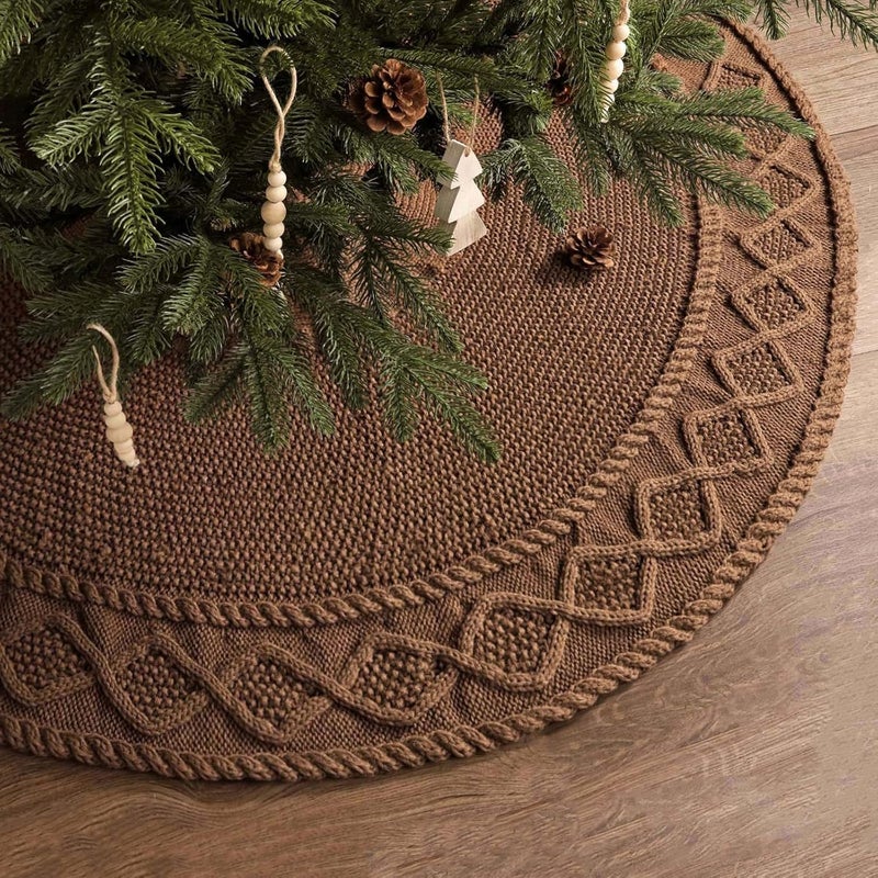 LimBridge 36 inch Christmas Tree Skirt: Pencil Tree Skirt for 6ft Tree, Diamond Edge Knit Small Western Brown Tree Skirt, Vintage Tree Skirts, Rustic Farmhouse Christmas Decorations - Image 1