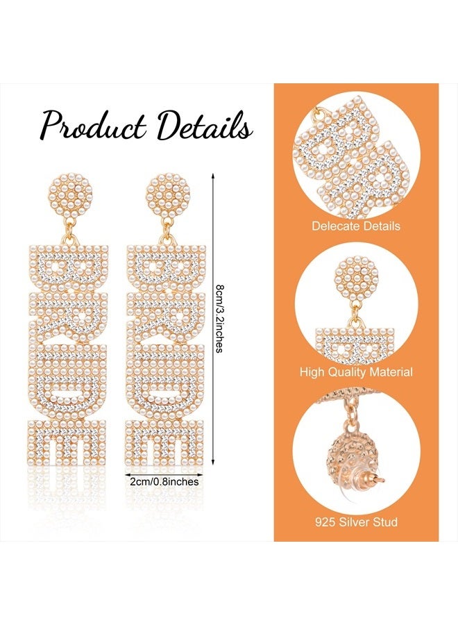 Kacctyen 2 Pcs Bride Straw Bag Rhinestone Bride Earrings for Women, Rattan Woven Tote Handbags Bride Letter Dangle Earring with Pearl Ornaments for Wedding Bachelorette Party Honeymoon Gift  - Image 2