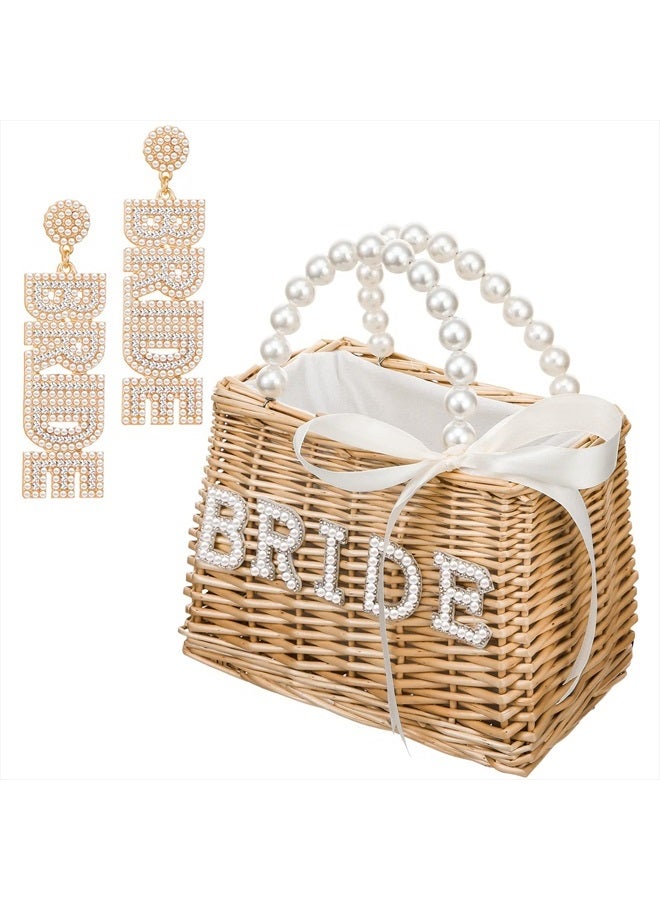 Kacctyen 2 Pcs Bride Straw Bag Rhinestone Bride Earrings for Women, Rattan Woven Tote Handbags Bride Letter Dangle Earring with Pearl Ornaments for Wedding Bachelorette Party Honeymoon Gift  - Image 1