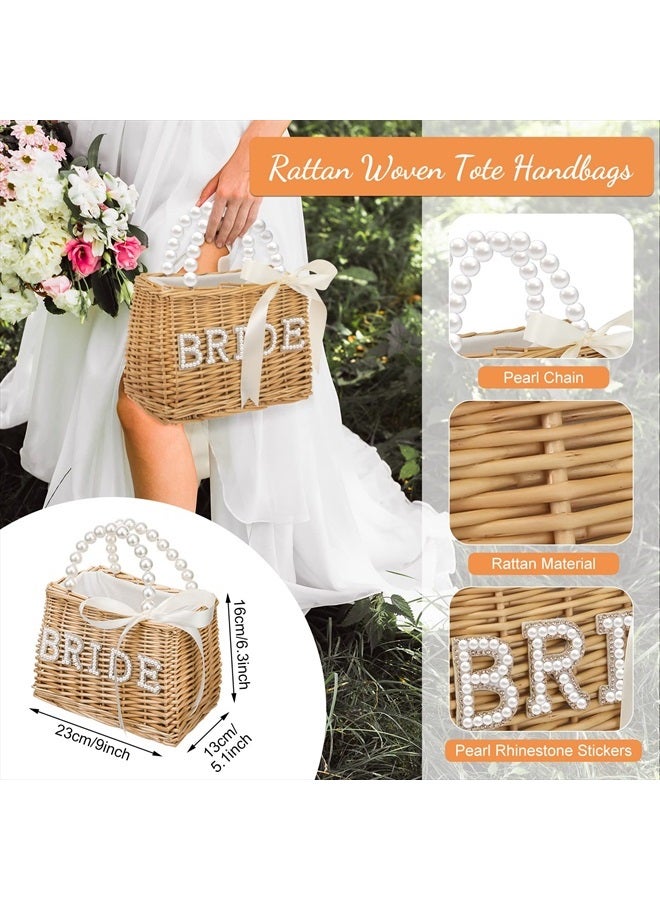 Kacctyen 2 Pcs Bride Straw Bag Rhinestone Bride Earrings for Women, Rattan Woven Tote Handbags Bride Letter Dangle Earring with Pearl Ornaments for Wedding Bachelorette Party Honeymoon Gift  - Image 3