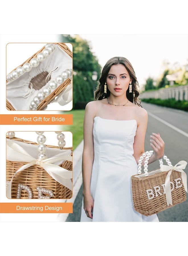 Kacctyen 2 Pcs Bride Straw Bag Rhinestone Bride Earrings for Women, Rattan Woven Tote Handbags Bride Letter Dangle Earring with Pearl Ornaments for Wedding Bachelorette Party Honeymoon Gift  - Image 5