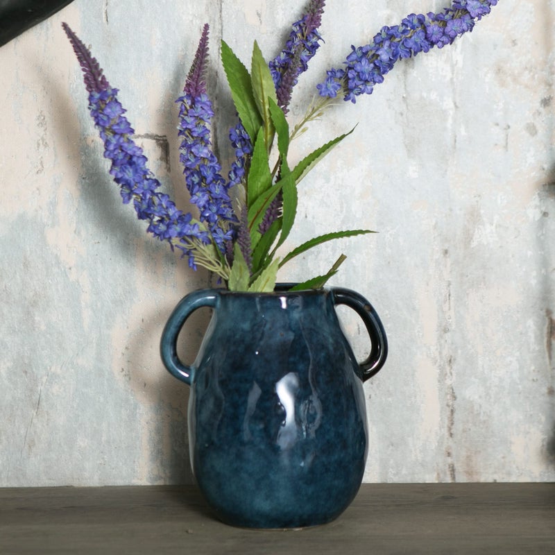 Tanvecle Blue Ceramic Vase with 2 Handles  Modern Farmhouse Vase for Home Decor  Rustic Terracotta Vase  Decorative Pottery Flower Vase  Clay Small Vase  Centerpieces for Dining Table - 7 Inch Tall - Image 3