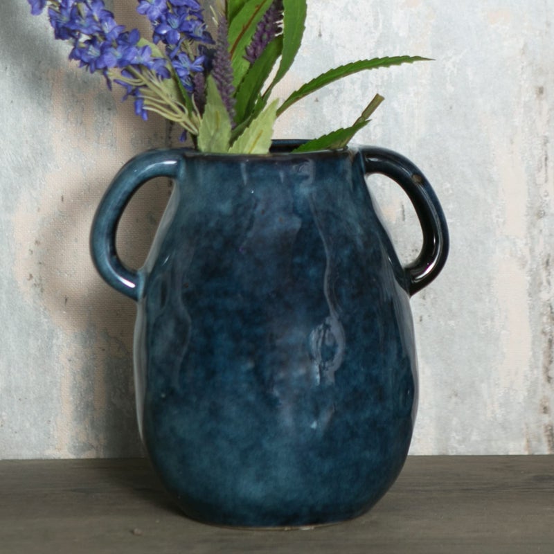 Tanvecle Blue Ceramic Vase with 2 Handles  Modern Farmhouse Vase for Home Decor  Rustic Terracotta Vase  Decorative Pottery Flower Vase  Clay Small Vase  Centerpieces for Dining Table - 7 Inch Tall - Image 1