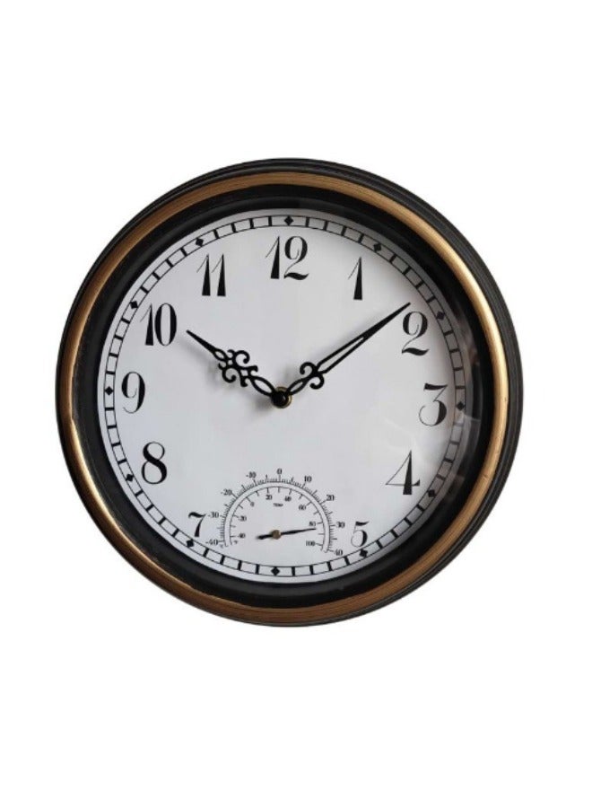 12 Inch Wall Clock with Thermometer, Retro Silent Non-Ticking Waterproof Quartz Clock Wall Decorative for Kitchen Patio,Deck,Porch