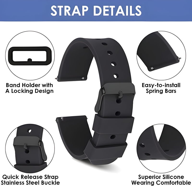 VEROX Silicone 20MM Watch Straps Compatible with Samsung Galaxy Watch 4/5, Amazfit GST2 Mini, GTS/2/2e, Bip U/Pro/Lite, Bip S (Black) - Image 5