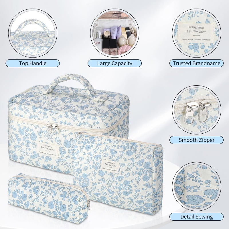 senbowe Floral Makeup Bag, 3 Pack Large Cotton Quilted Makeup Bag Set, Cute Floral Coquette Aesthetic Toiletry Bag Make Up Cosmetic Bag for Women, Toiletry Travel Make Up Organizer Bag - Image 3