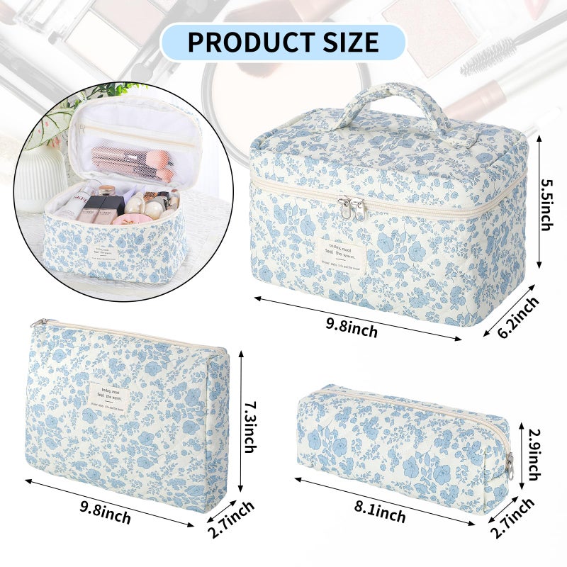 senbowe Floral Makeup Bag, 3 Pack Large Cotton Quilted Makeup Bag Set, Cute Floral Coquette Aesthetic Toiletry Bag Make Up Cosmetic Bag for Women, Toiletry Travel Make Up Organizer Bag - Image 2