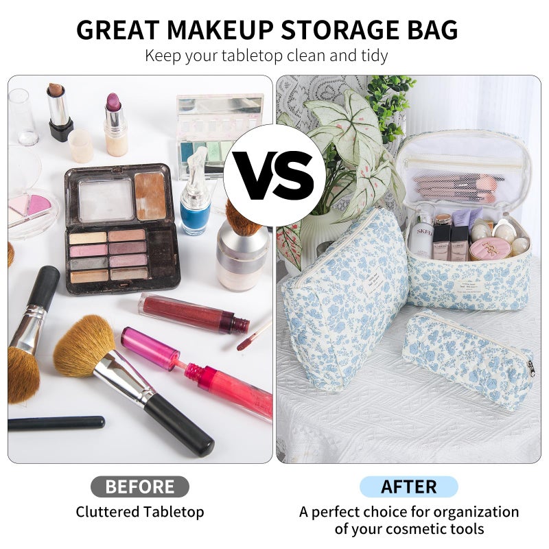 senbowe Floral Makeup Bag, 3 Pack Large Cotton Quilted Makeup Bag Set, Cute Floral Coquette Aesthetic Toiletry Bag Make Up Cosmetic Bag for Women, Toiletry Travel Make Up Organizer Bag - Image 4
