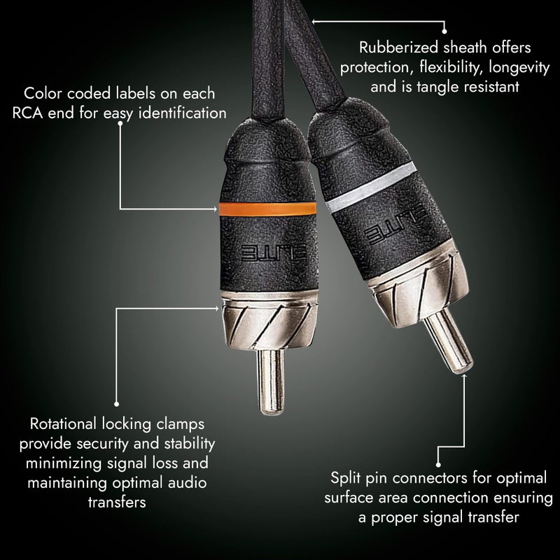 Elite Audio Premium Series 12ft. 2-Channel Car Audio RCA Cable – Double Shielded, Oxygen Free Copper, Noise Reducing Audio Cable for Amplifiers, Subwoofers, Speakers, and Processors – PRM12 - Image 2