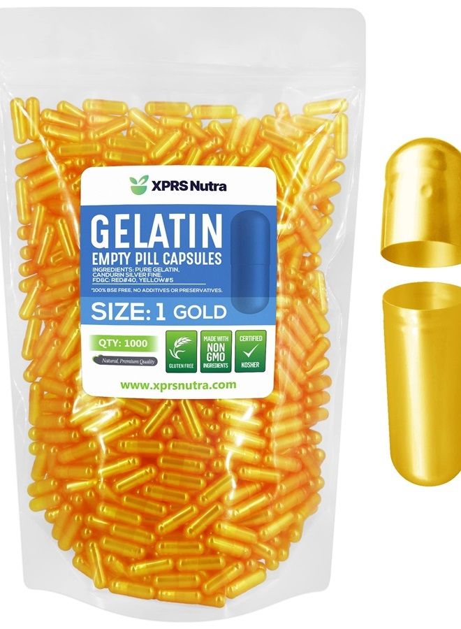 XPRS Nutra كبسولات فارغة حجم 1 - 1000 عدداً كبسولات جيلاتين فارغة - كبسولات حبوب فارغة - تعبئة كبسولات بنفسك - كبسولات حبوب فارغة من بقر جيلاتين (ذهبي) - Image 1