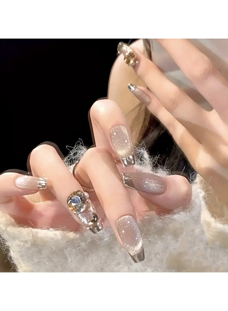 Rozino Pure Handmade Nail Nail Nail Fake Nail Patch Nude Cat Eye Magic Mirror French Nail Wear - Large - Image 5