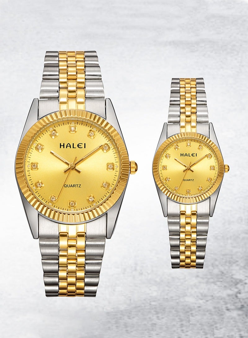HALEI Couple Pair Watch Quartz Simple Couple Watch  Pair Watch Stainless Steel Strap Golden Dial  356ML - Image 2