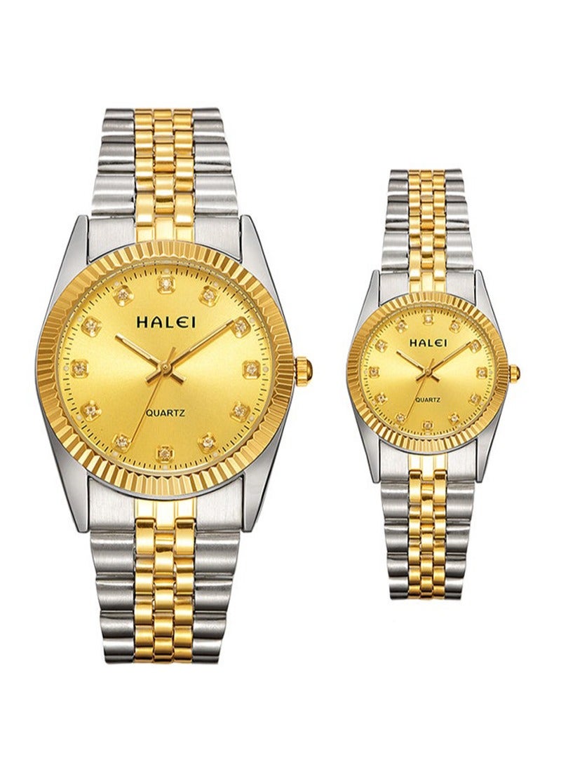 HALEI Couple Pair Watch Quartz Simple Couple Watch  Pair Watch Stainless Steel Strap Golden Dial  356ML - Image 1