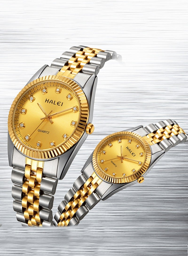 HALEI Couple Pair Watch Quartz Simple Couple Watch  Pair Watch Stainless Steel Strap Golden Dial  356ML - Image 3