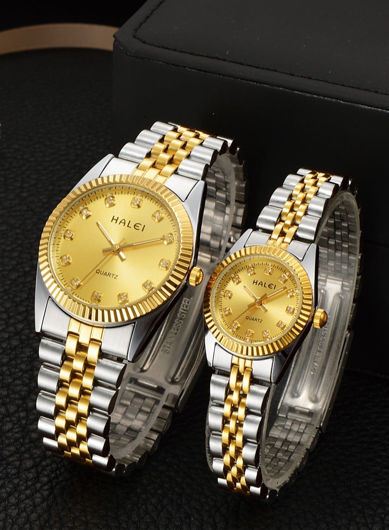 HALEI Couple Pair Watch Quartz Simple Couple Watch  Pair Watch Stainless Steel Strap Golden Dial  356ML - Image 4