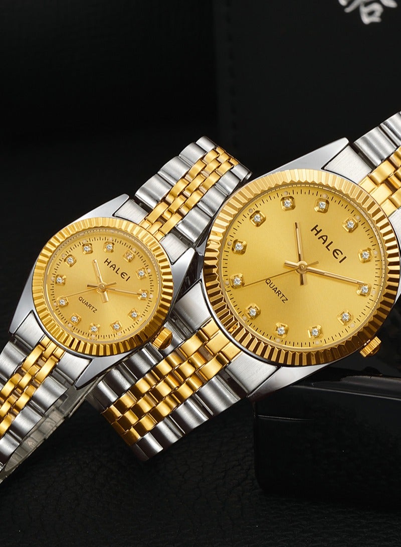 HALEI Couple Pair Watch Quartz Simple Couple Watch  Pair Watch Stainless Steel Strap Golden Dial  356ML - Image 5