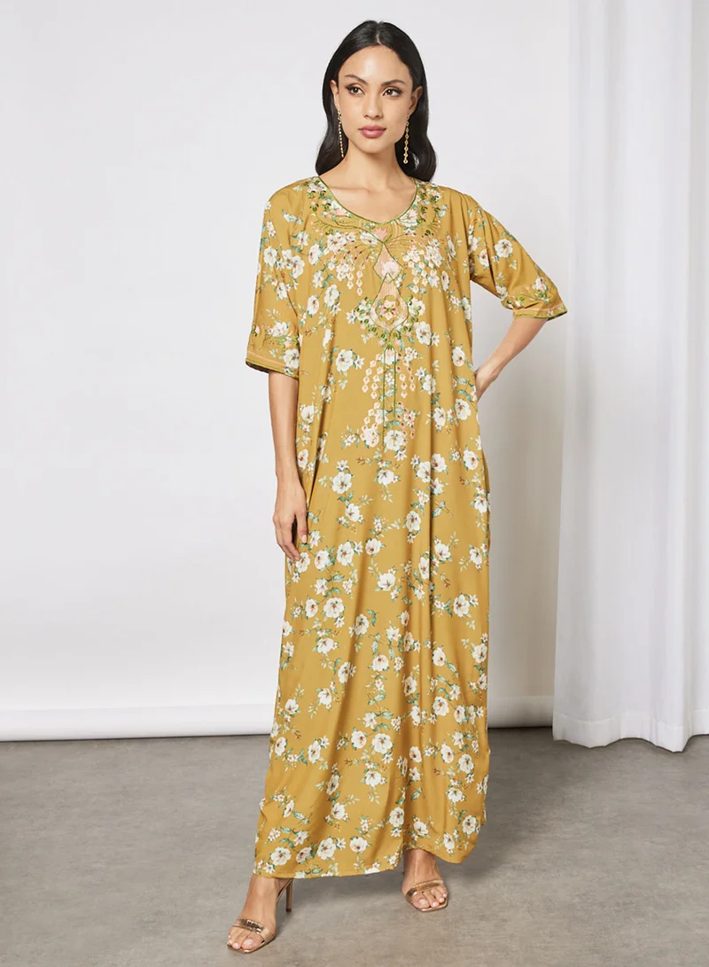 Hayat Floral Jalabiya With Embroidery And With Belt