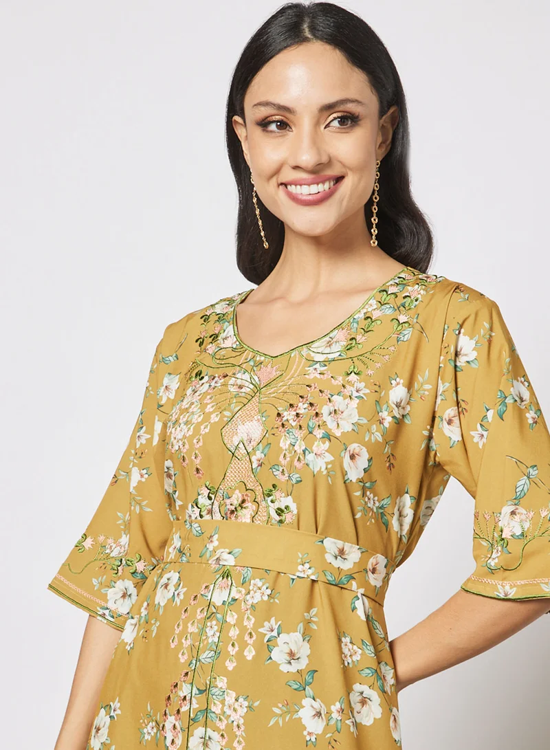 Hayat Floral Jalabiya With Embroidery And With Belt