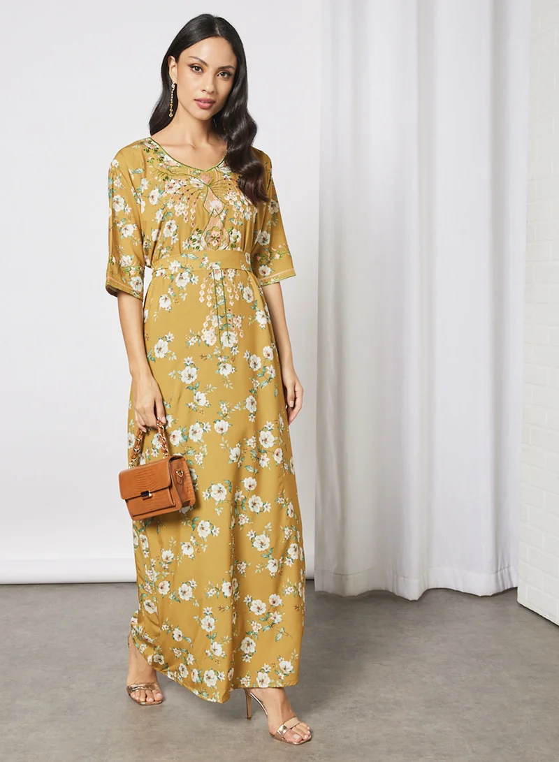 Hayat Floral Jalabiya With Embroidery And With Belt