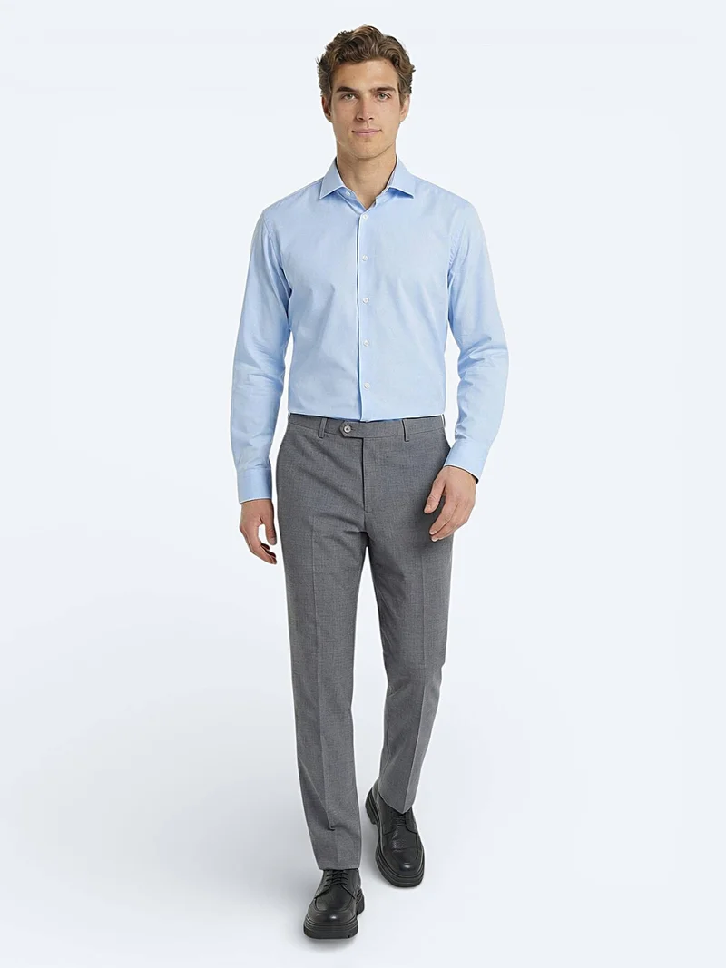 Kip Blue Plain Regular Fit Long Weaving Classical 100% Cotton Shirt