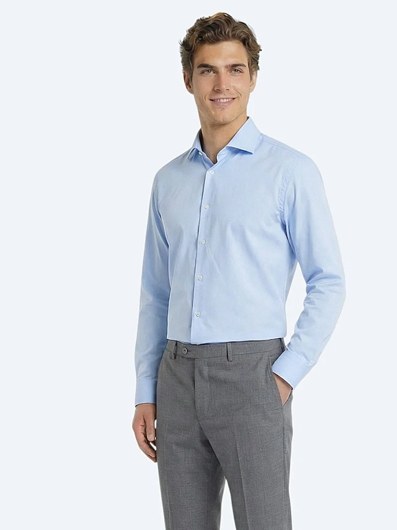 Kip Blue Plain Regular Fit Long Weaving Classical 100% Cotton Shirt