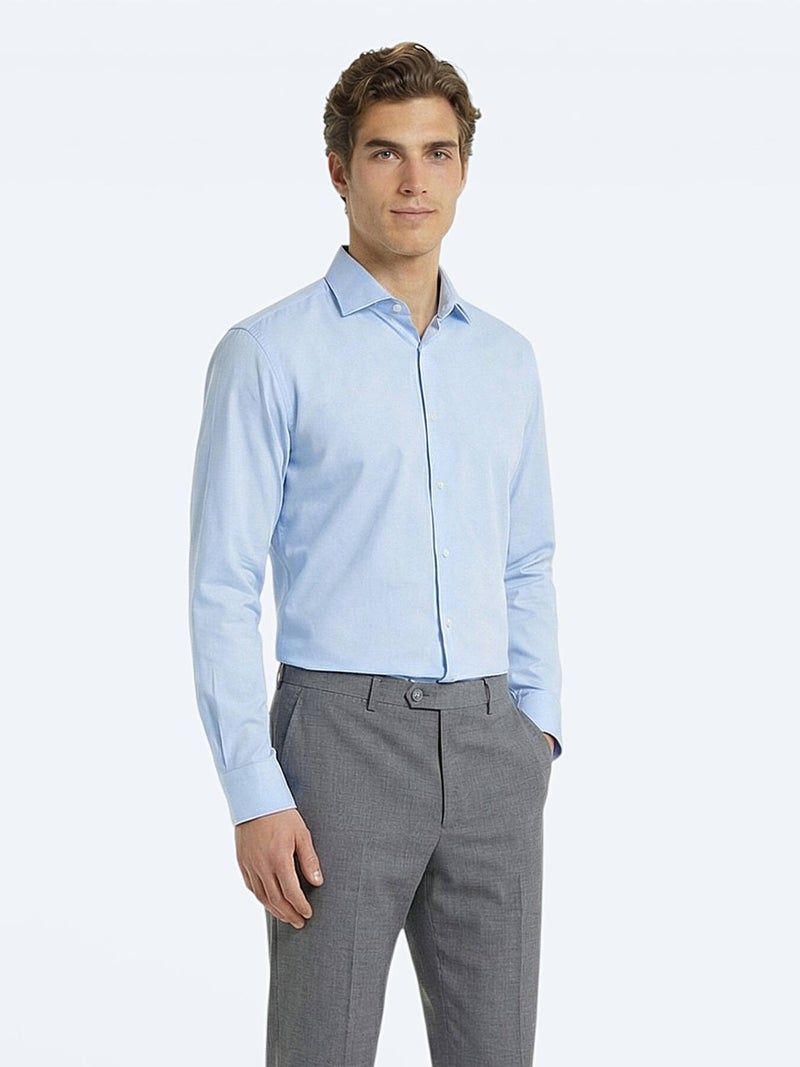 Kip Blue Plain Regular Fit Long Weaving Classical 100% Cotton Shirt - Image 3