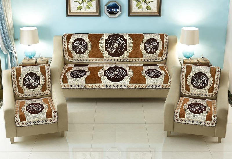 Jayvaam Sawna Homes Chenille Sofa Cover Set 5 Seater Living Room 3 Seater 2 Seater Sofa Slip Covers Home Premium Furniture Protector Panels Sofa Couch Office 10 Piece Chiku Coffee - Image 1