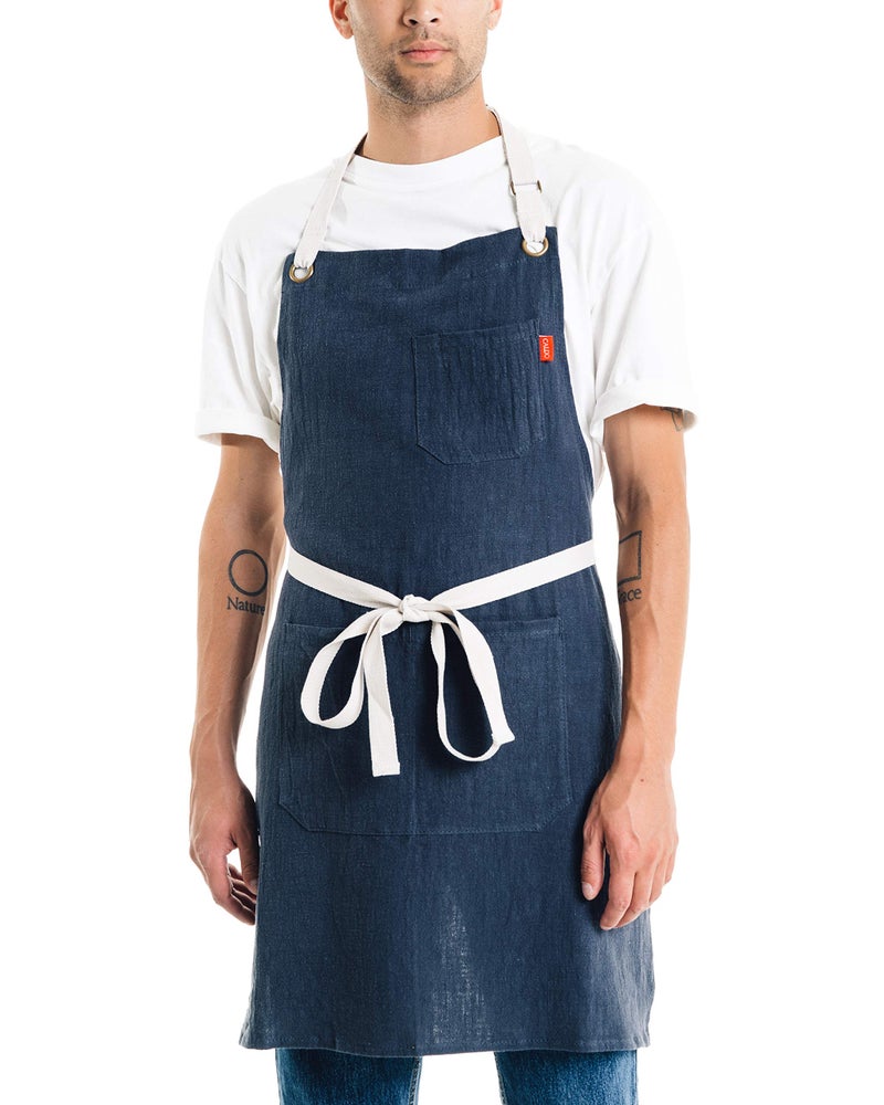 Caldo Linen Kitchen Apron for Cooking Mens and Womens Linen Bib Apron for Professional Chef Server or Barista Adjustable with Pockets Navy