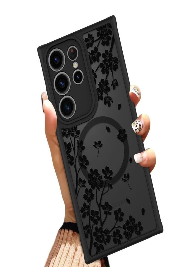 OOK Case for Samsung Galaxy S22 Ultra 6.8 Inch (Wireless Charging Compatible) Cherry Blossom Black Floral Flowers Phone Cover Soft TPU + Hard PC Anti-Scratch Shockproof Magnetic Cute Case for Women - Image 1