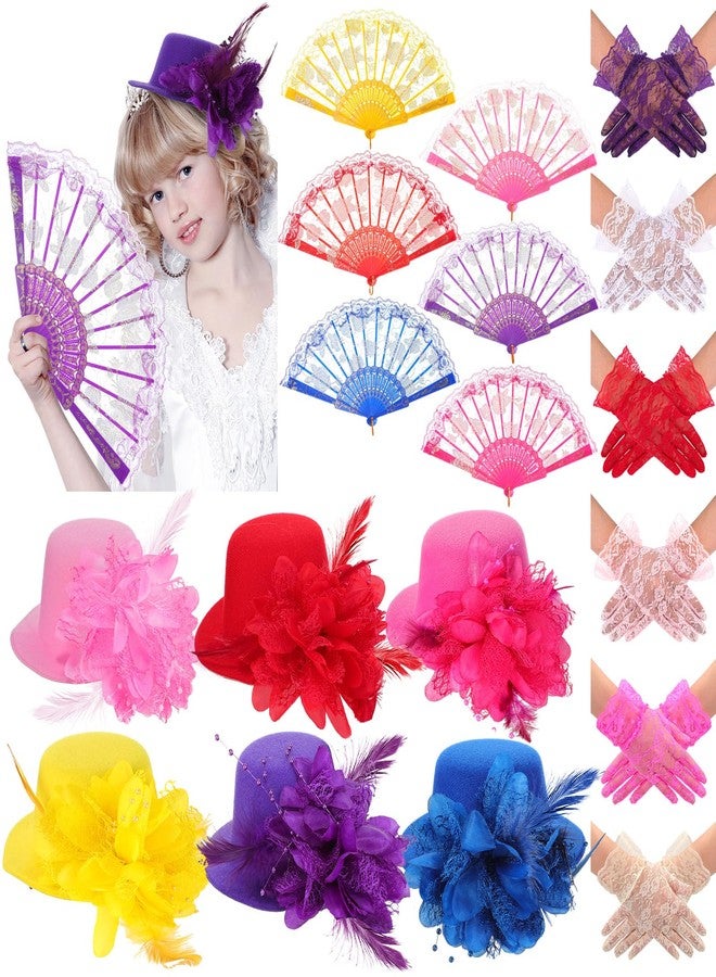 JaGely 18 Pcs Girls Tea Party Supplies Girls Mini Tea Party Hat and Gloves Lace Folding Fan(Bright Colors) - Image 1