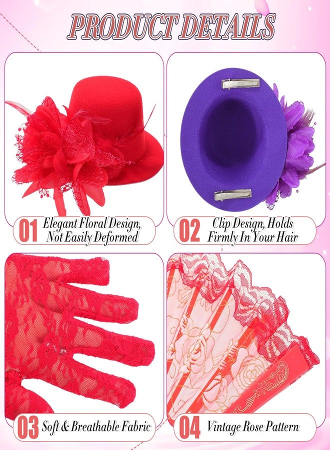 JaGely 18 Pcs Girls Tea Party Supplies Girls Mini Tea Party Hat and Gloves Lace Folding Fan(Bright Colors) - Image 3