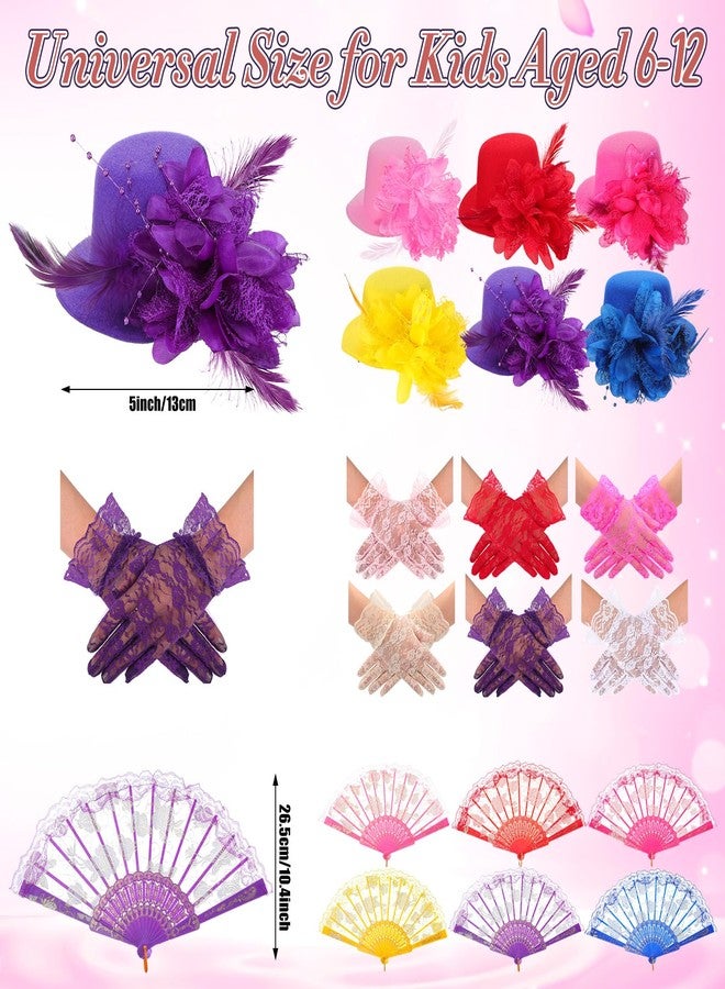 JaGely 18 Pcs Girls Tea Party Supplies Girls Mini Tea Party Hat and Gloves Lace Folding Fan(Bright Colors) - Image 2